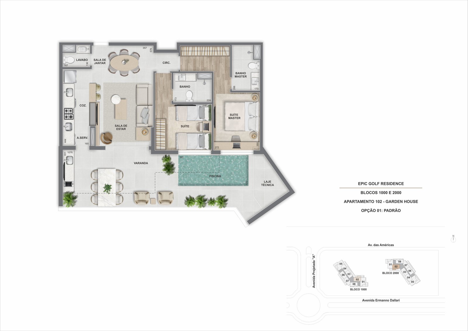 Garden House_ 2 suítes_ 108,74m²_ Apto 102_ Epic 1.000 e 2.000