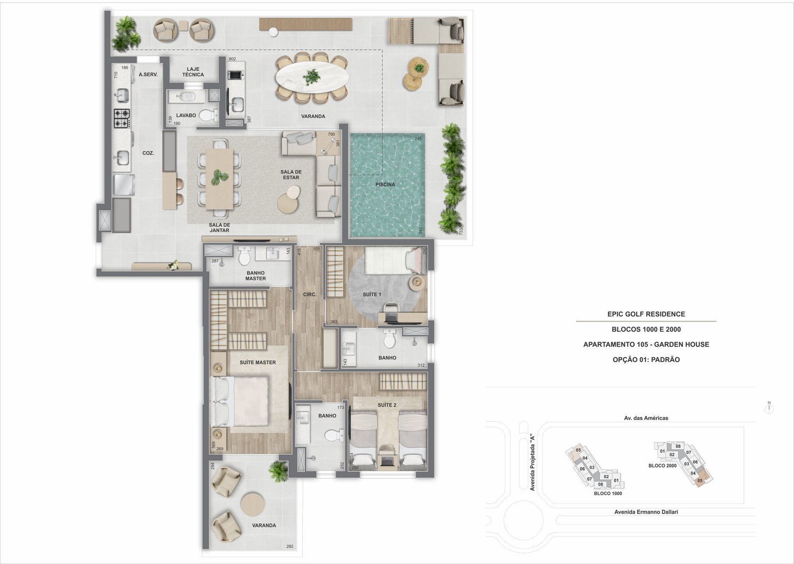 Garden House_ 3 suítes_ 162,35m²_ Apto 105_ Epic 1.000 e 2.000
