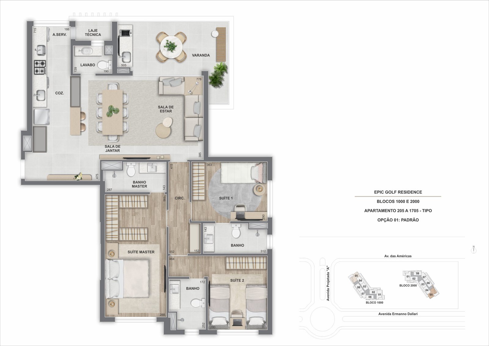 Tipo_ 3 suítes_ 115,90 a 116,31m²_ Aptos 205 a 1705_ Epic 1.000 e 2.000